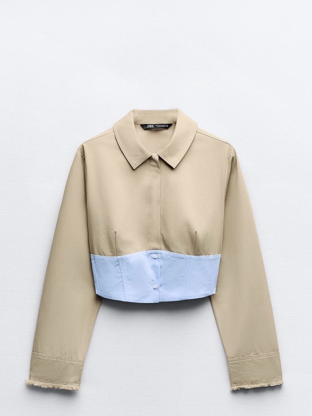 Zara Two-Tone Beige and Light Blue Cropped Button-Down Shirt